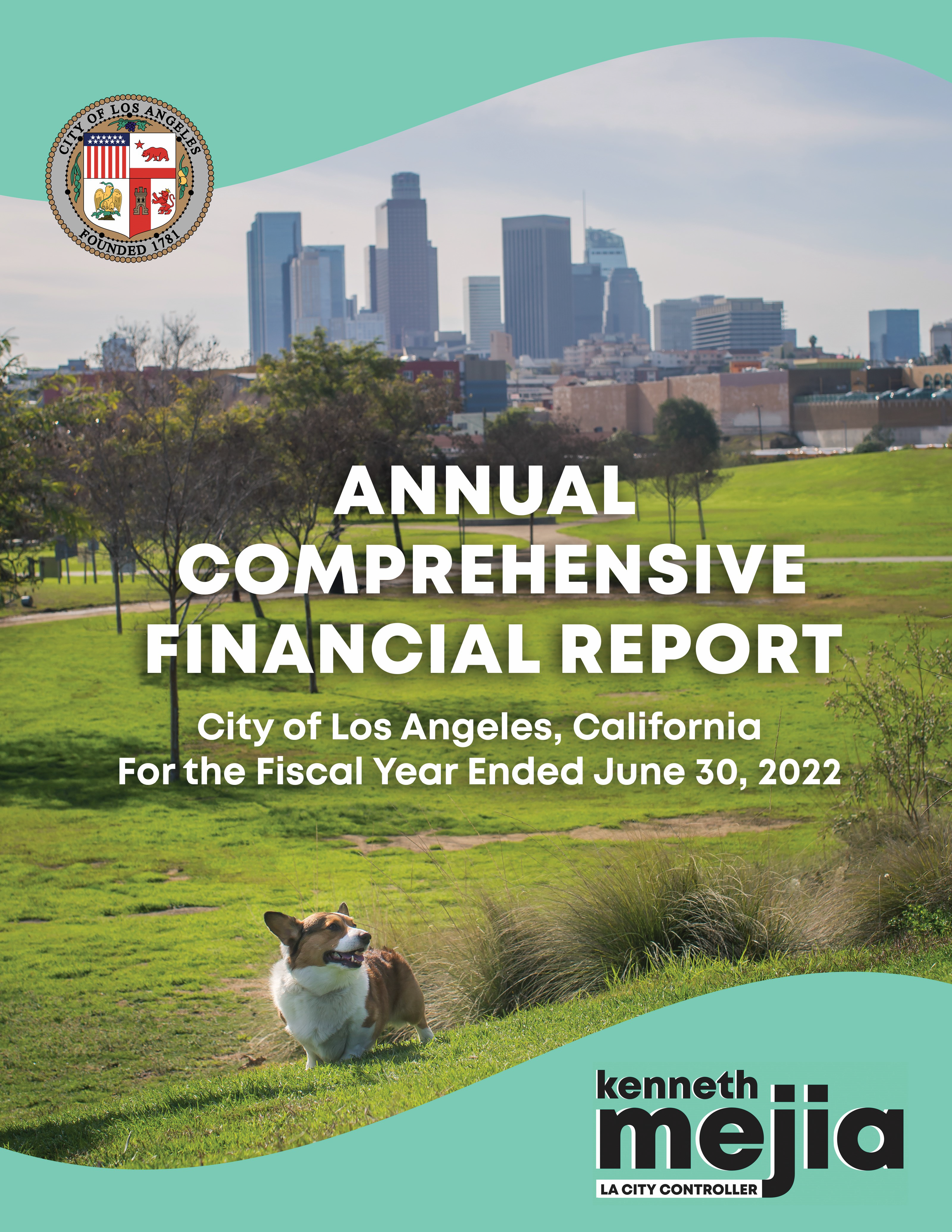 Corgi in Park with Downtown LA in the background